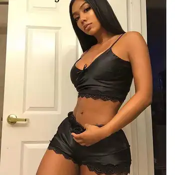 

2pcs/set Womens Sexy Pajamas Sets Summer Hot Female Soild Color Silk Pijamas Sleepwear Deep V Sling Lingerie S-XL