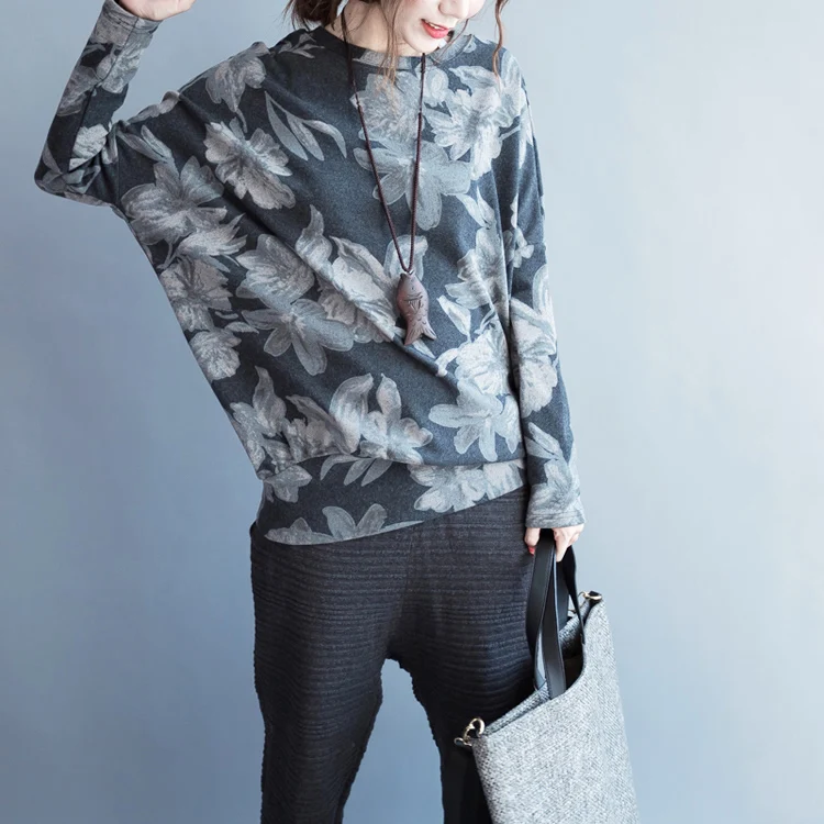 

Grey Flower Printing Autumn Pullovers Loose Bat Sleeve Retro Big Size Hoodies Sweatshirt Female Leisure Liteary Moletom Feminino