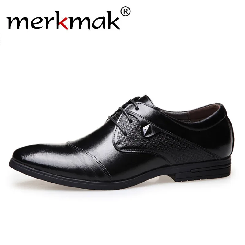 

Merkmak Italian Men Formal Shoes Business Oxfords Men Leather Dress Shoes Pointed Toe Carved Men's Flats Brand Footwear