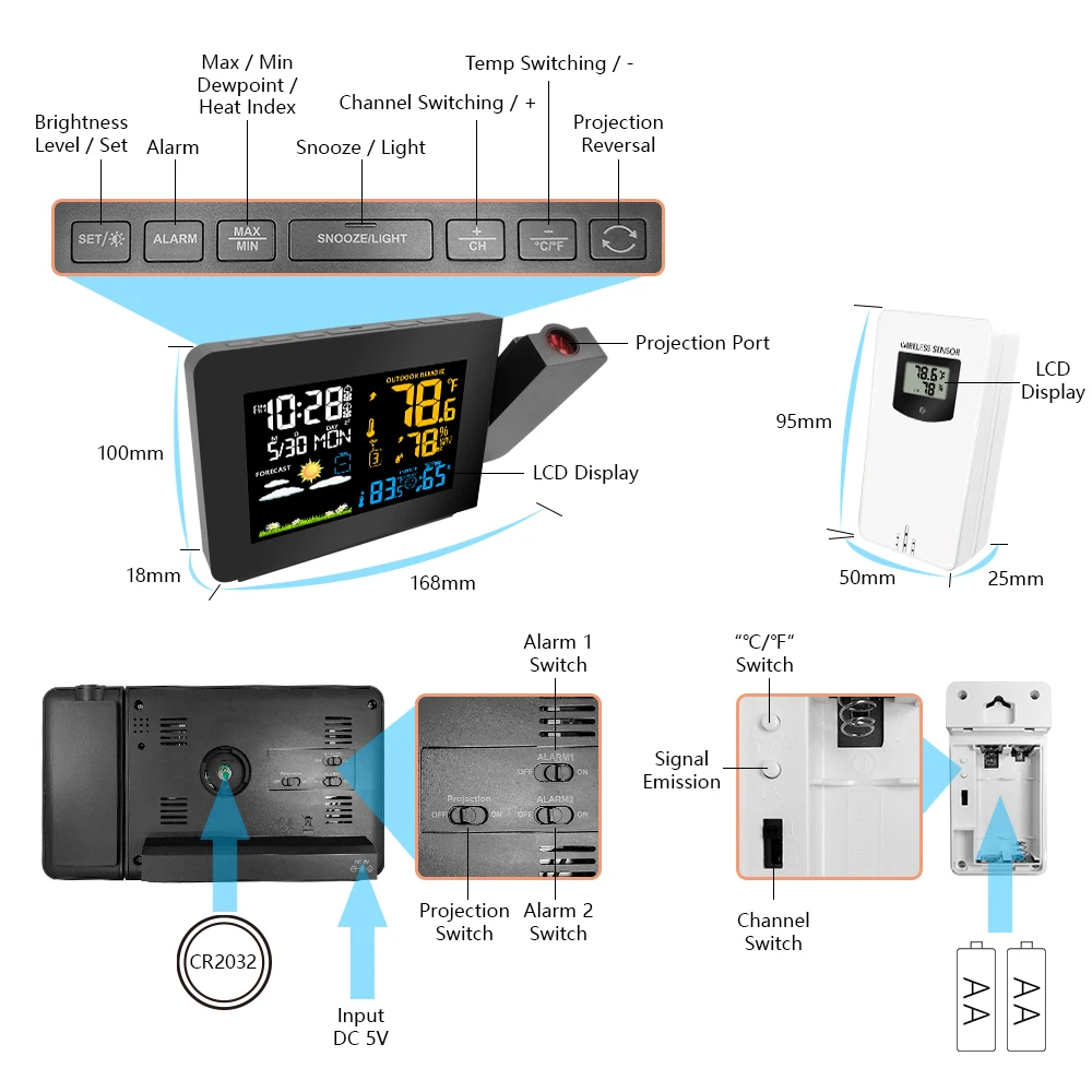 Погодная станция 2 наружные датчики проекционный Будильник Метеостанция Беспроводная внутренняя наружная в температурных инструментах
