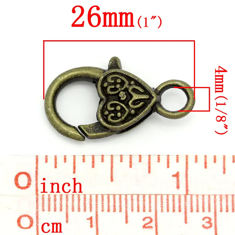 DoreenBeads Застежка Из Цинкового металлического сплава, античное бронзовое сердце, 26 мм(") x 14 мм(4/8"), 2 шт