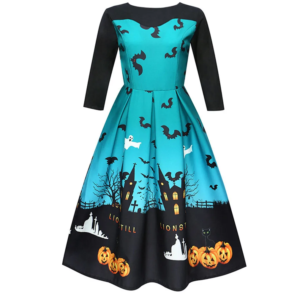 

KANCOOLD Dress Women Halloween Printing Three Quarter Casual Dress Evening Party Prom Swing Dress women 2018AUG15
