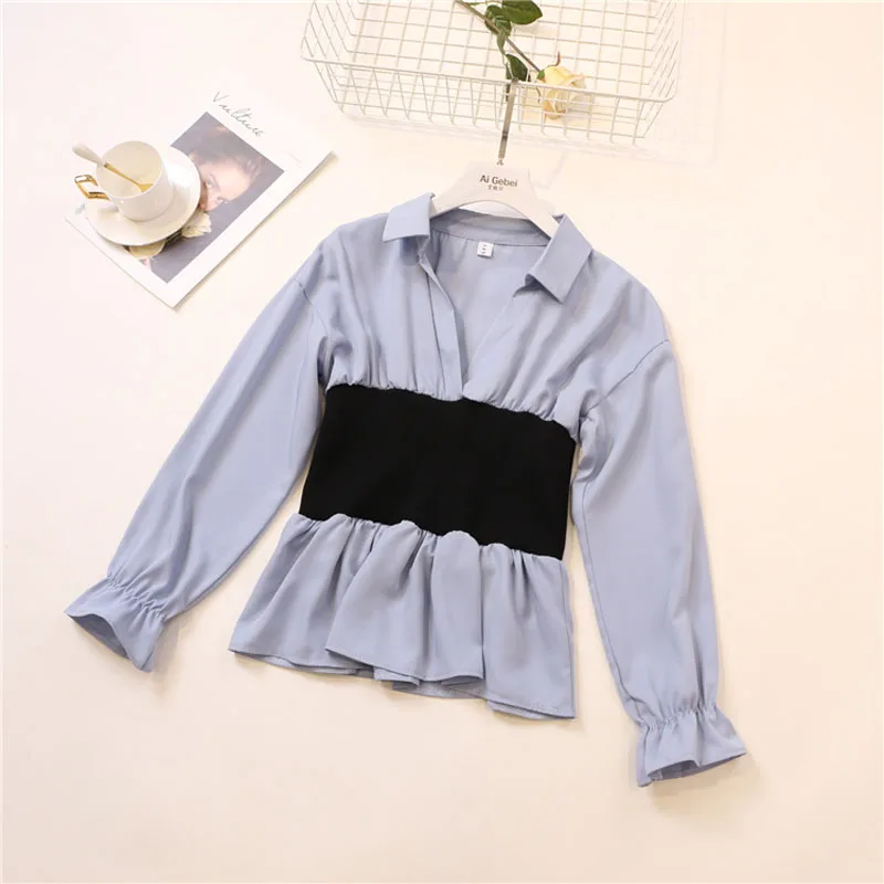 2019 الربيع بدوره إلى أسفل طوق قميص الإناث أنيقة طويلة الأكمام ضئيلة الخصر الرجعية شيك رقيقة المبكر الخريف بلوزة حريمي SP450