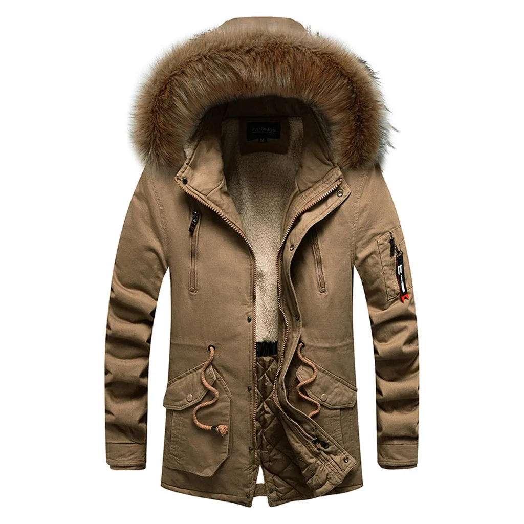 Хаки Autumn Winter Jacket Men 2XL 3XL Cotton Padded Warm Parka Coat Casual Faux Fur Hooded Fleece Long Male Jacket Windbreaker Men - Цвет: Хаки