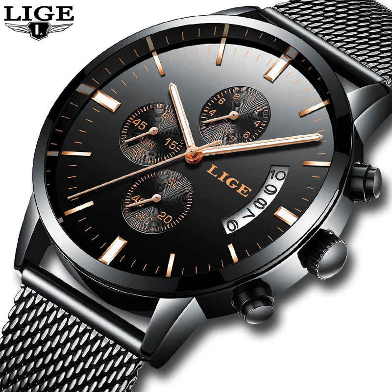 

LIGE Luxury Brand casual Watches Men Simple Business Quartz Watch Man Mesh strap Date Fashion Black Clock relogio masculino+box