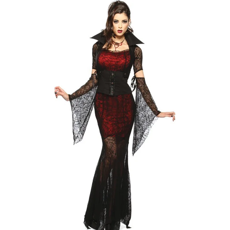 

Red Deluxe Halloween Sexy Adult Women Lace Vampire Countess Costumes Witch Queen Party Dressess Female Drama performance clothes