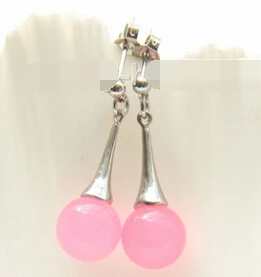 

hj 00602 Genuine Drop Dangle Stud 10mm round pink jade bead Earrings