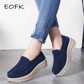 

EOFK Autumn Women Flats Platform Loafers Cow Suede Slip-on Casual Genuine Leather Round Toe Ladies Moccasins Shoes