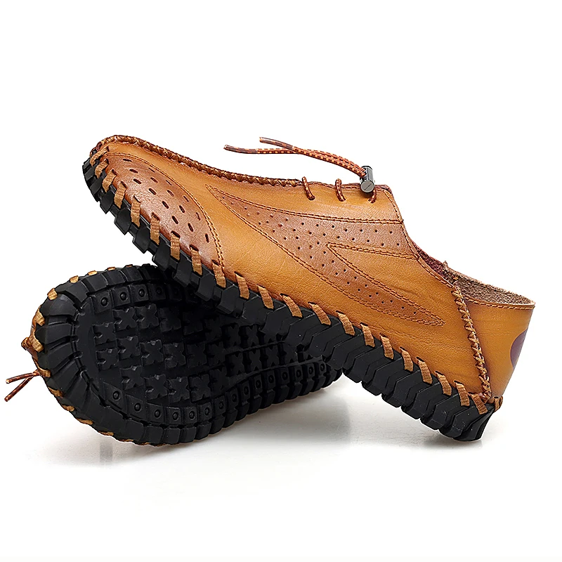 

Leather Casual Shoes Men Size 38-47 Summer Breathable Leather Shoes Brogue Sewing Footwear Men Spring Casual Elastic Band Shoes