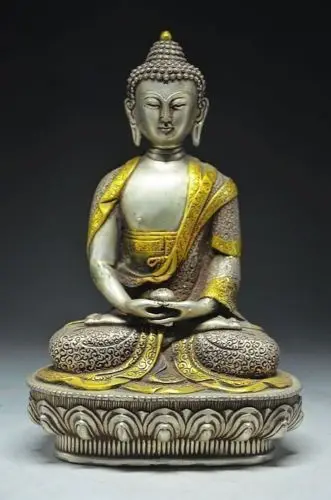 

8.19 inch / Exquisite Chinese ancient White copper Sakyamuni Buddha statue