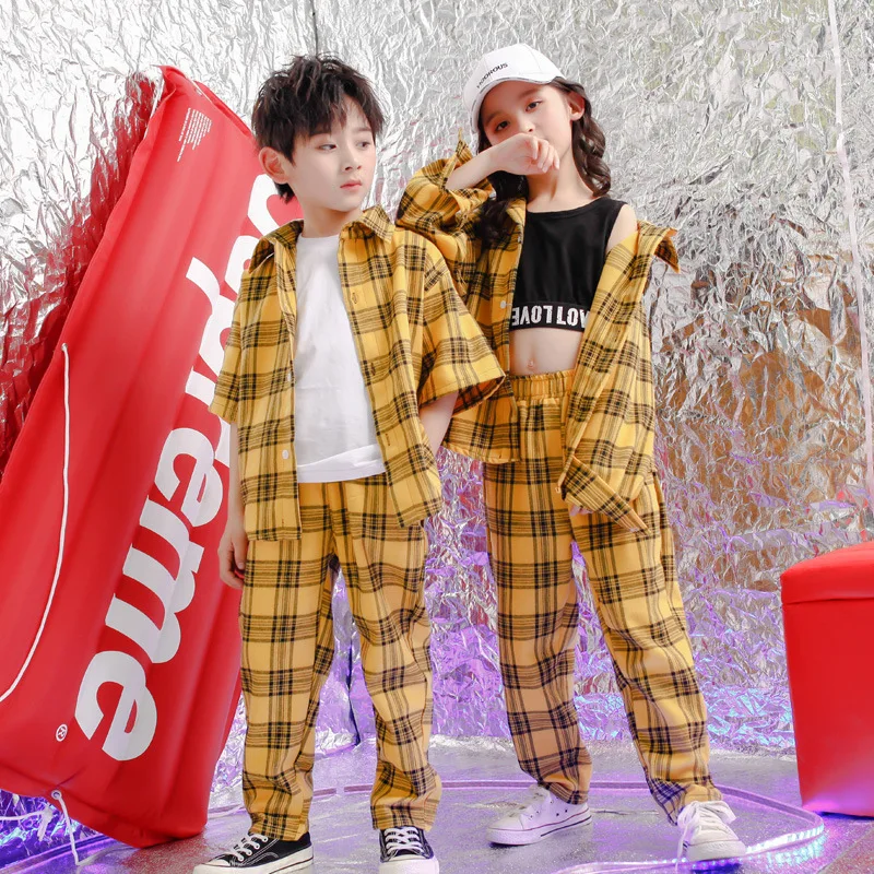 

New Children Hip Hop Jazz Dance Costumes Spring Summer Yellow Plaid Shirt Trousers Suit Boys Girls Street Dance Ballroom Clothes