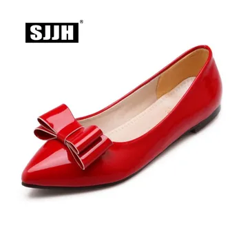 

SJJH 2018 Woman Patent Ballet Flats Pointed Toe Bowtie Comfortable Footwear Fashion Casual Formal Working Shoes Large Size S164