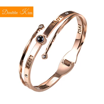 

100 languages I love you Projection Bracelet Titanium Stainless Steel Material Bangles Rose Gold Color Women Fine Trendy Jewelry