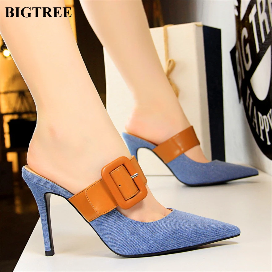 

2019 Belt Buckle Women's Slippers Summer Casual Denim Shallow High Heels Pumps Pointed Female Slides Fashion Woman Outside Shoes