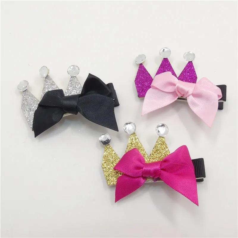 10pc/lot Mini Crown Hair Clips Satin Ribbon Bow Cute Hairpins Girl