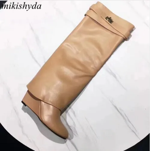 

New stylish Winter knee high boots Women wedge heel shark lock Strap fold point toe ladies knight Layer boots