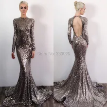 Nach Maß Langarm Mermaid Backless Pailletten Abendkleid Open Back Sparkly Formale Abschlussball-partei-kleid abendkleider
