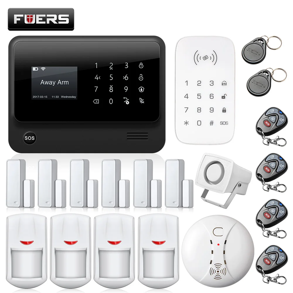

Fuers 3GG90B 433MHZ WiFi GSM SMS Wireless Home Security System IOS Android APP Remote Control alarm kit with smoke detector