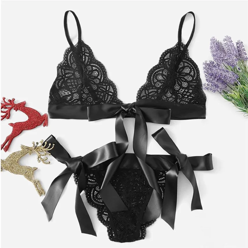 

Black White Scalloped Trim Tie Side Sexy Lingerie Set 2019 Wireless Ribbon Intimates Transparent Underwear Bra Set Y*