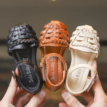 

2020 Girls Summer Sandals Baby Girl Toddler Kids Shoes Woven Soft Pu Leather Children's Beach Shoes Black Beige Brown