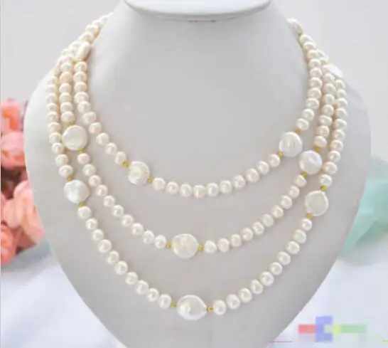 

Hot sale new Style >>>>>60" 14mm white coin / 8mm round freshwater cultured pearl necklace
