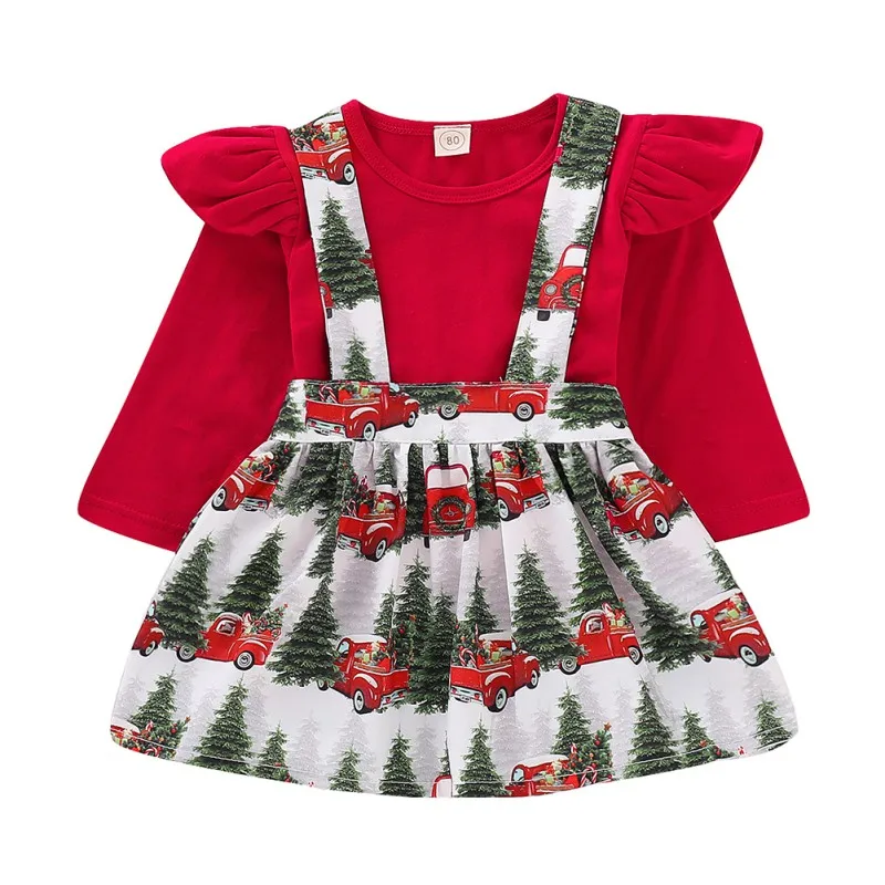 

Christmas Dress Girls Lovely Toddler Kids Baby Girls Red T Shirt Tops+Christmas Car Print Suspender Braces Skirt Overalls