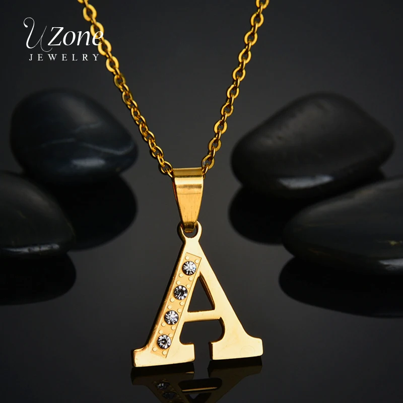 

UZone Gold Stainless Steel Cubic Zircon Capital Letter Necklace Charm Alphabet Initial Chain Necklace For Women Collier Femme