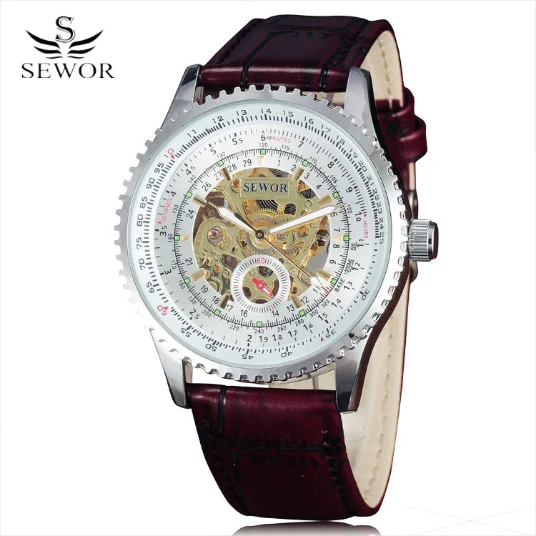 

Mechanical Watch Men Luxury Brand SEWOR Business Skeleton Army Clock Self Wind Wrist 2017 Dress Leather Strap Wristwatches Gift