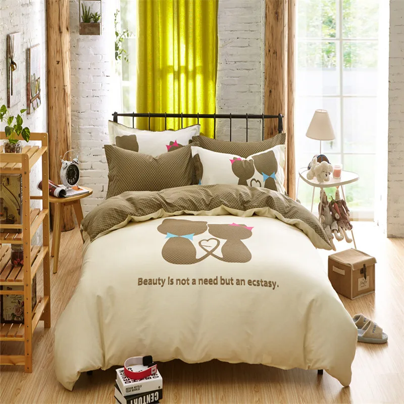 

Illucity valentine cat bedding set 4pcs duvet/doona cover bed sheet pillow cases queen double full size bed linen
