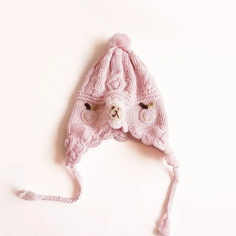 Cotton Knit Baby Girl Hat Sweet Princess Pink Earflap Cap Crocheted Autumn Winter Warm Bonnet With Cute Pompom Lovely Pattern Chinstrap Stay On (2)