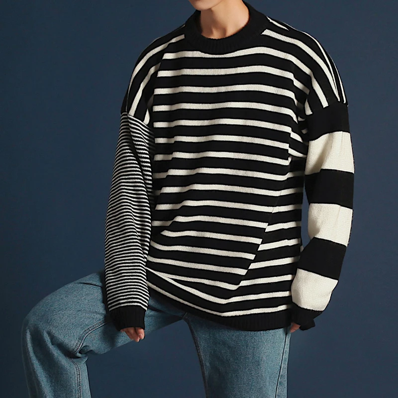 Весенний свитер мужской Модный Полосатый каждодневный Свободный вязаный пуловер Мужской уличная хип-хоп тренд дикая Теплая мужская одежда M-2XL - Цвет: black