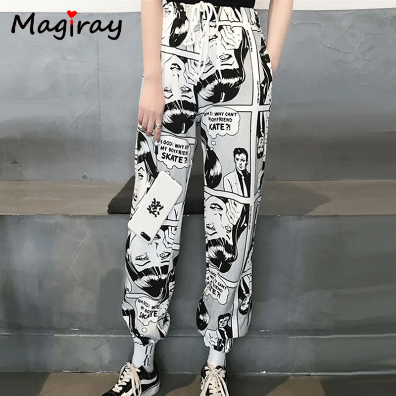 Cartoon Print Drawstring Pants Elastic Waist Hip Hop Ankle Length summer Women 2019 Harajuku High Waist Loose Casual Trousers