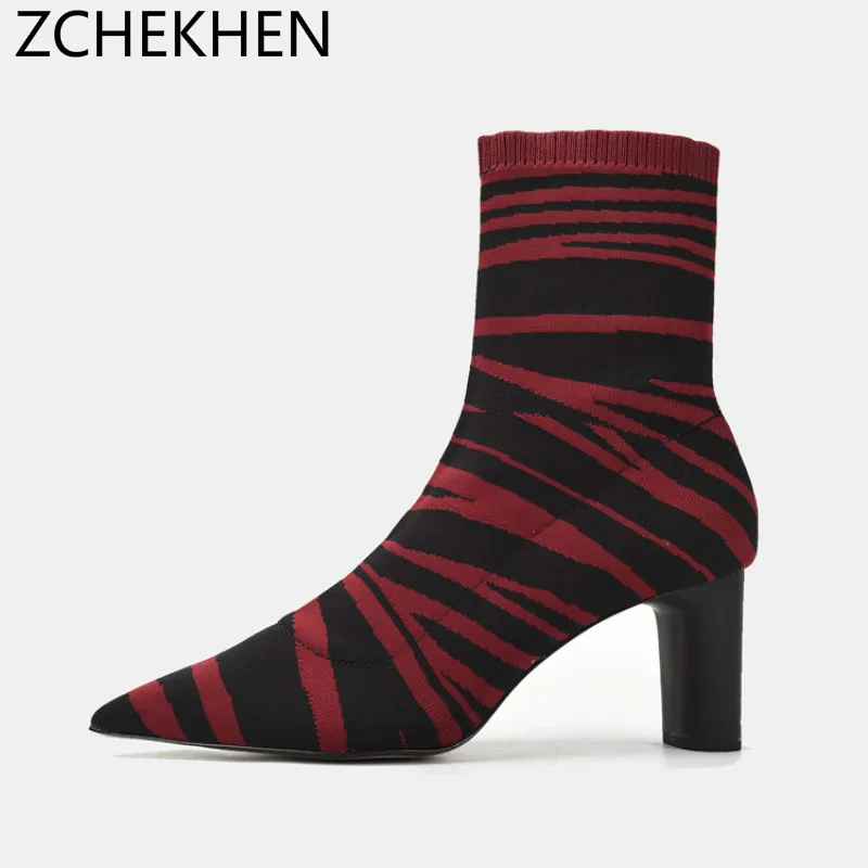 

Spring Fashion Stretch Fabric gingham Elastic Sock Boots Women Pointed Toe 6.5CM High Heels Shoes Slip On Ankle Boots Botas