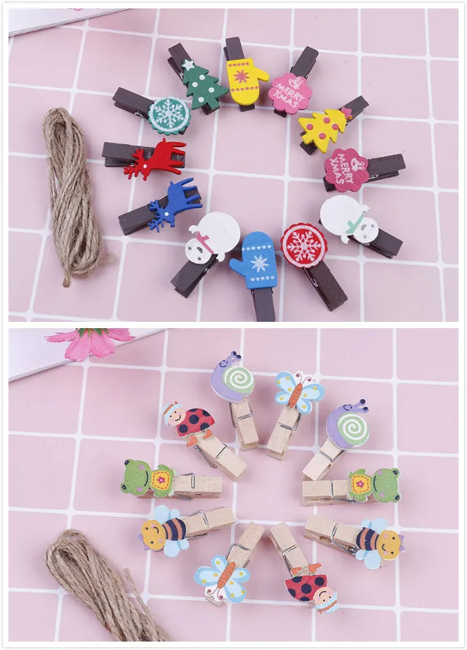 

10pcs Cartoon Animal/Christmas Wooden Clip with Hemp Rope Photo Paper Clothespin Craft Clips Decor Cartoon Insect Photo Clip