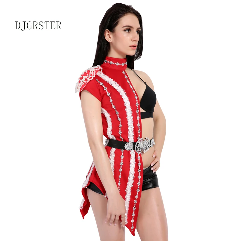 

DJGRSTER 2019 Ds Dj Half Jazz Dance Costume Dance Patchwork Space Costume Female Singer Silver Collar Suit Belt Red Black