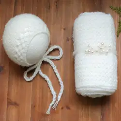 Белый новорожденных Одежда для фотосессии вязаный плед из ангорской козьей шерсти и комплект с капором Вязаный Крючком эластичная