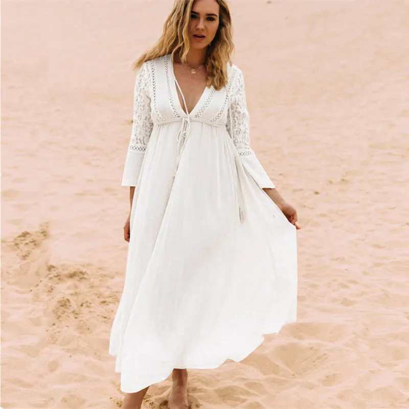 Billige [NODELAY] Frauen Spitze Häkeln Bikini Cover Up Lang Bademode Pareo Strand Tunika Kleid Weiß Sexy Robe Baumwolle Bade anzug Kaftan