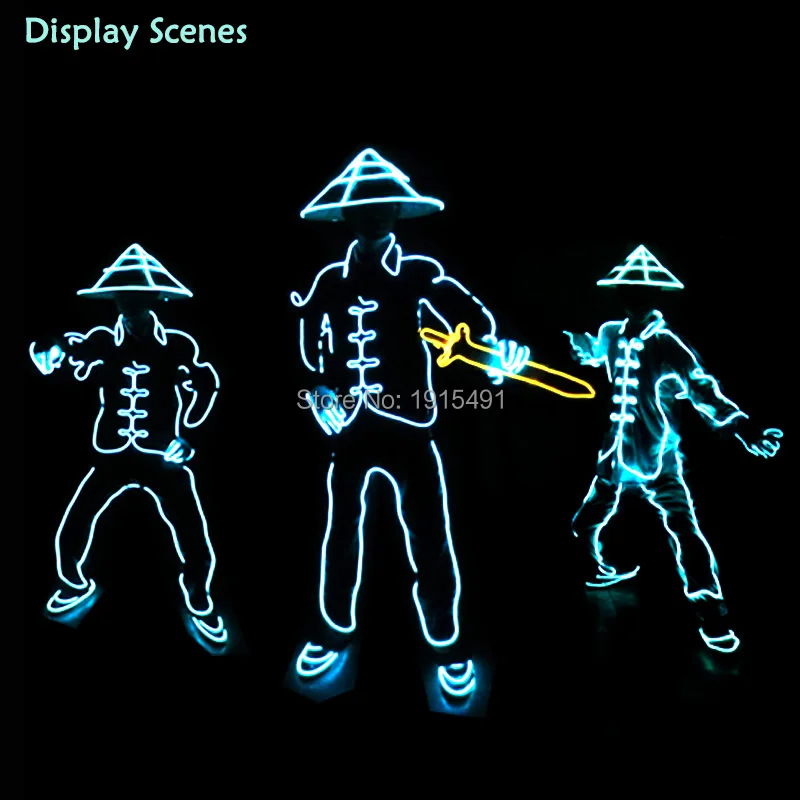 

Light Up Cold Light China Ancient Soldiers Costume with Bamboo Hat Funny DIY Carnival Neon Led Strip Flashing Birthday Clothing