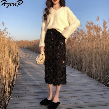 

HziriP Knitted High Waist Skirts Womens 2019 Fashion Spring Winter Split Thick Lazy Style Loose Female Office Lady 2 Colors