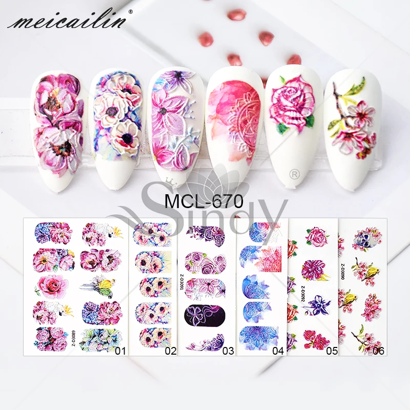  1pc 3D Acrylic Engraved Flower Nail Sticker Embossed Flower Water Transfer Stickers Summer Art Mani