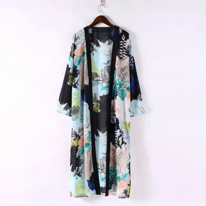 

2018 New Arrival Summer Sunproof Cardigan Fashion Women Printing Chiffon Bikini Cover Up Floral Kimono Cardigan Coat Long Sleeve