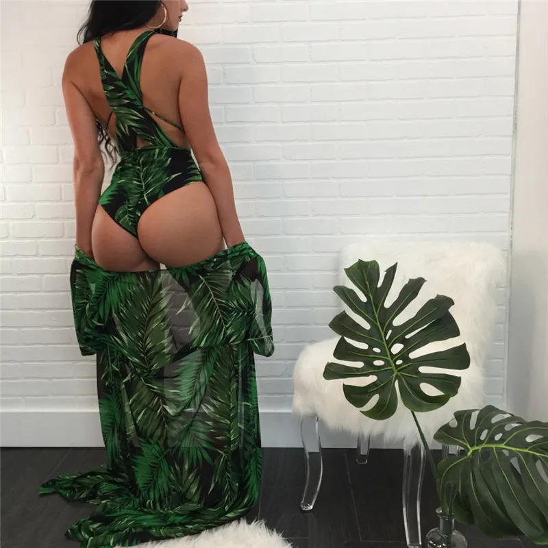 Summer One-Piece Swimsuit Women Bandage Bikini + Leaf Print Long Sleeve Cardigan Female Cover Up Beach Wear 2018 New Monokini3