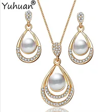 

Yuhuan Jewelry Women Simulated Pearl Pendant Necklace Gold/Silver Color Chain Party Wedding Crystal Necklaces Earrings Set New