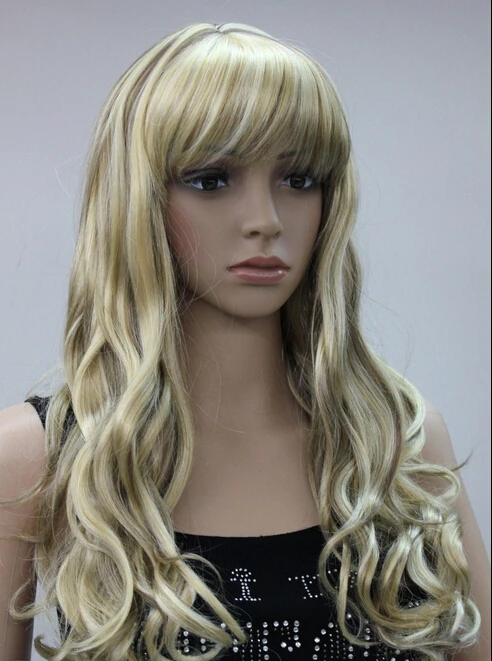 zhanglei209++Blonde + Brown Mixed Long Wavy Women Ladies Daily wig Bangs |