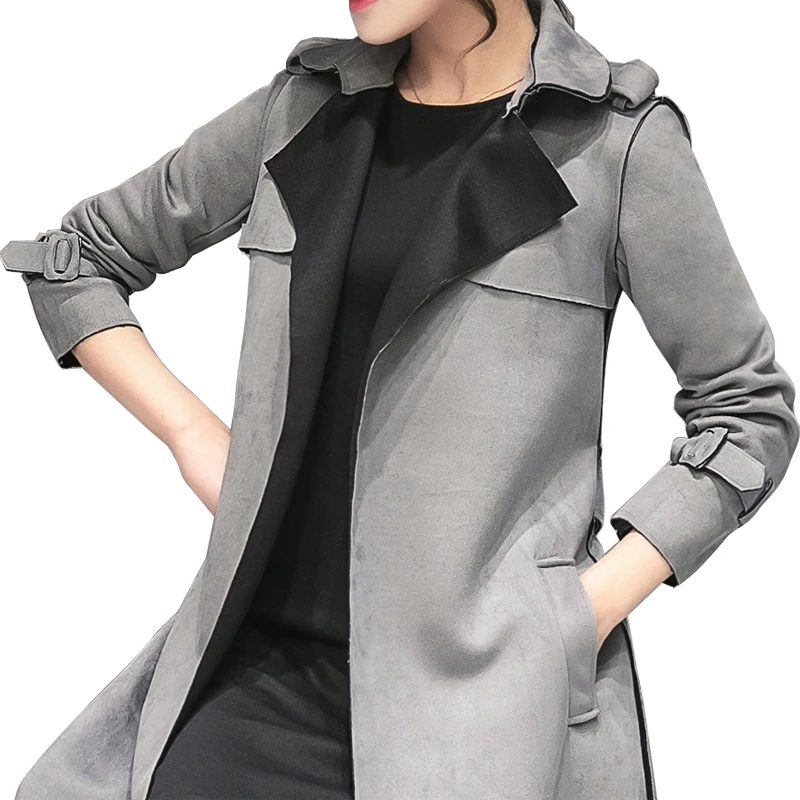 2017 New Fashion Spring Autumn Jacket Long Slim Suede Coat Belt Female