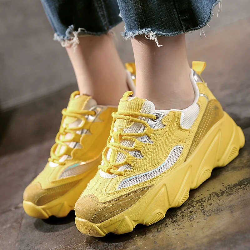 

Popular Trainers Women Running Thick Soled Ladies Walking Shoes Yellow Sport Shoes For Women Wearable Ladies Jogging Sneakers