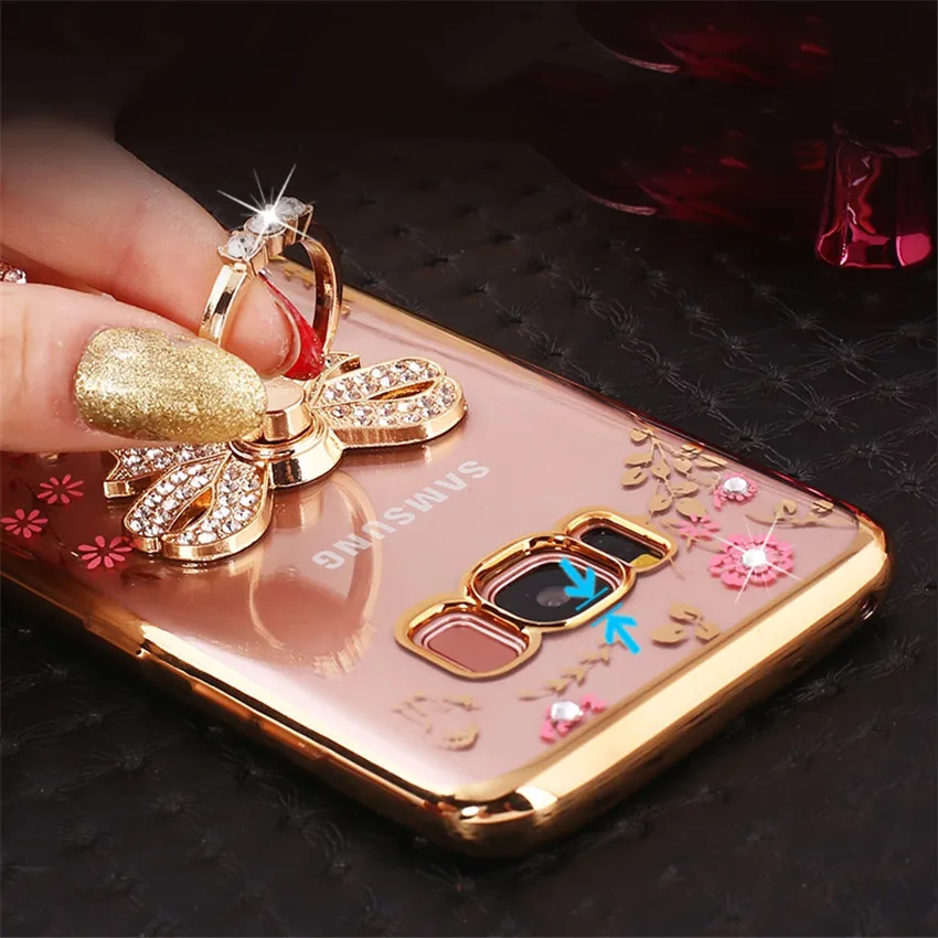 

Luxury Rhinestone Glitter Holder Phone Case For Samsung Galaxy S4 S5 S6 Edge S7 Edge S8 S9 Plus S10 Note 8 9 Bling Flowers Case