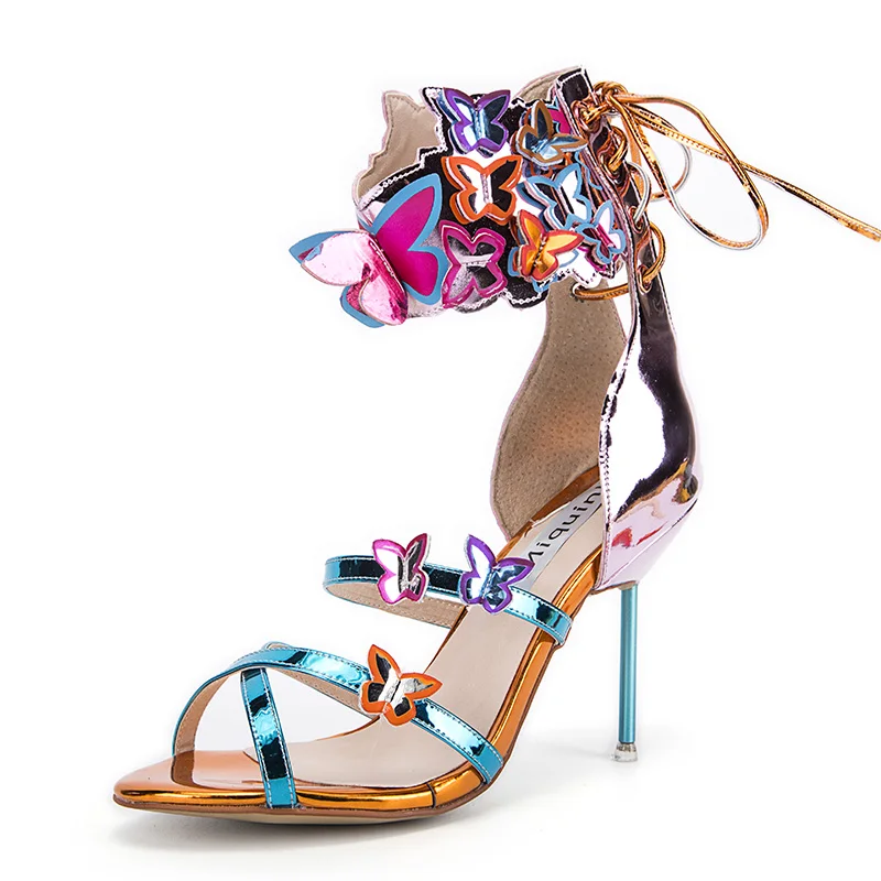 

Fashional Spring Summer High Heeled Sexy Open Toe Sandal Colorful Butterfly Decoration Lady Shoes Wedding Runway Party Shoes