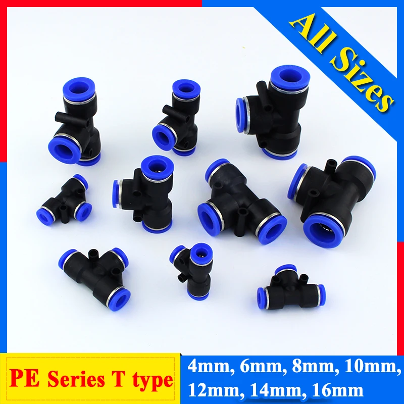 

5Pcs/Lot 4/6/8/10/12/14/16mm PE Series Plastic Pneumatic Equal Tee Air Straight T Type Fittings Push In Connectors Pipe Air