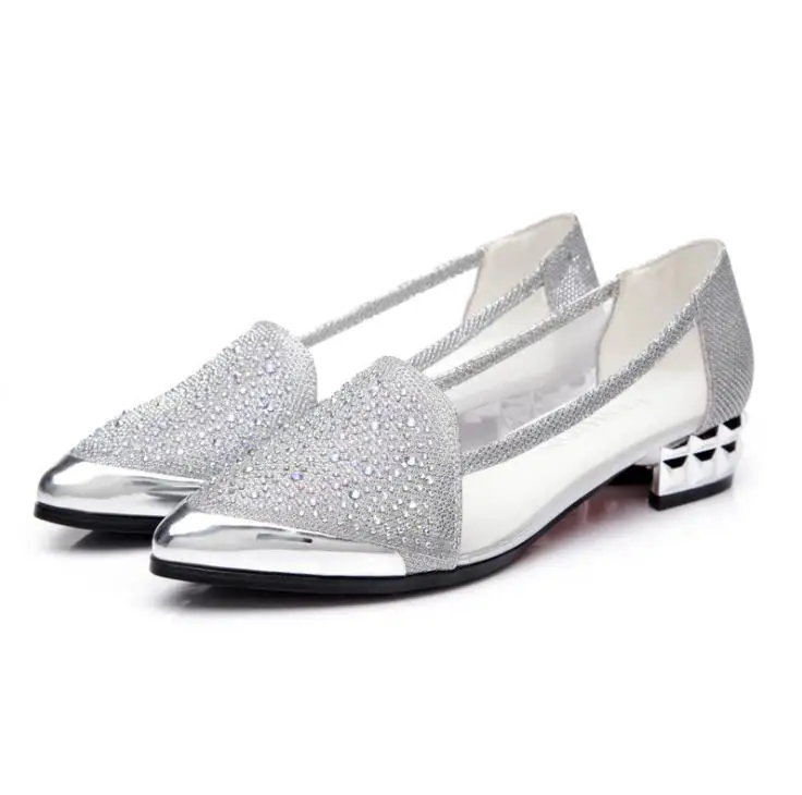 

2018 Europe and the United States spring and summer new mesh rhinestone sandals thick with fashion shoes gold-plated silver wome